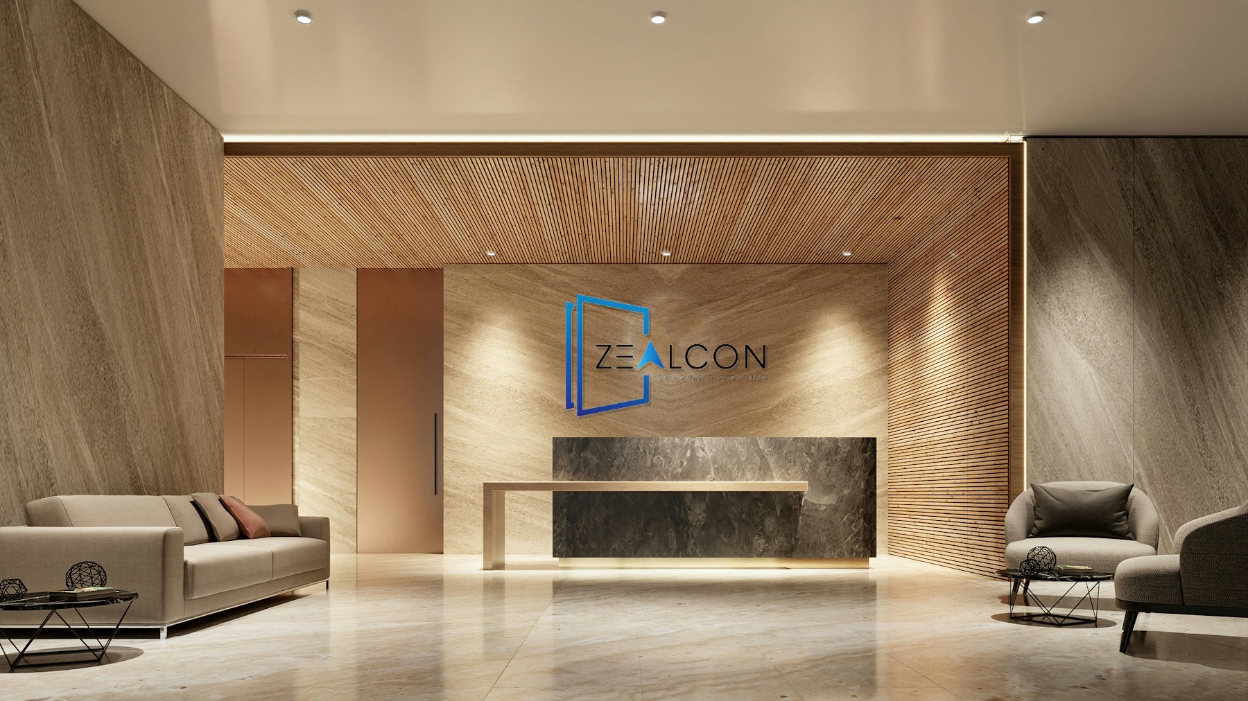 Zealcon Group UAE reception lobby with the Zealcon logo sign, Dubai