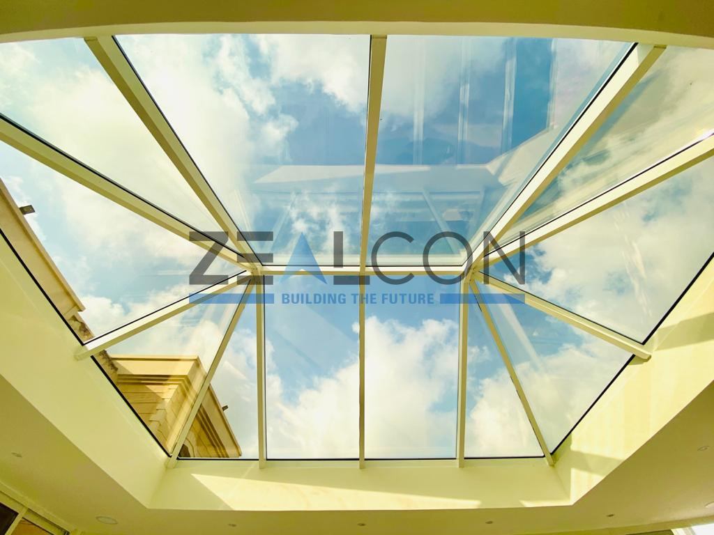 Glass Skylights 5 Glazed roof lantern seen from inside with sky view - Zealcon